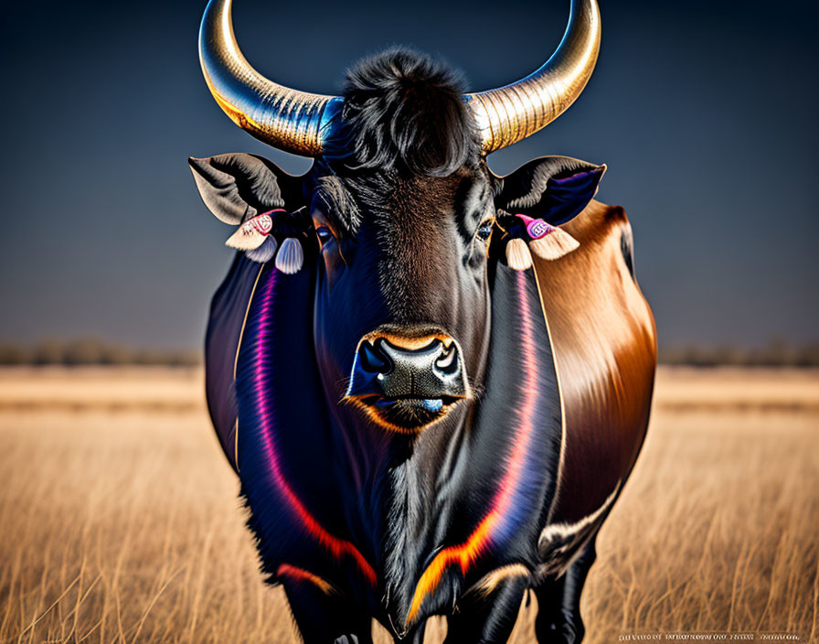 Colorful Bull with Large, Curved Horns on Blurred Savannah Background