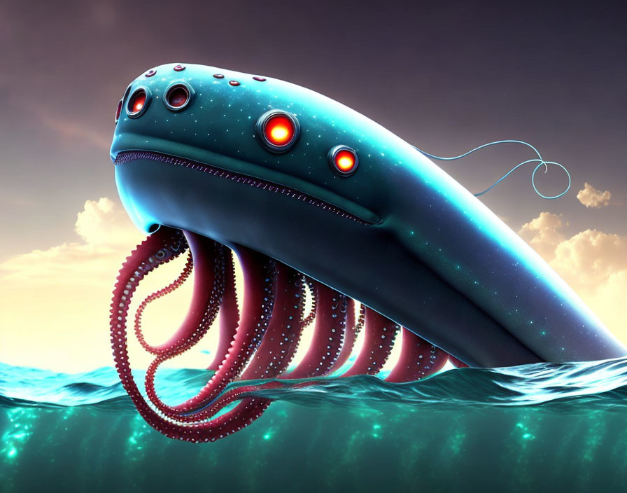 Cosmic whale-like creature with tentacles and glowing red eyes breaches ocean surface at dusk