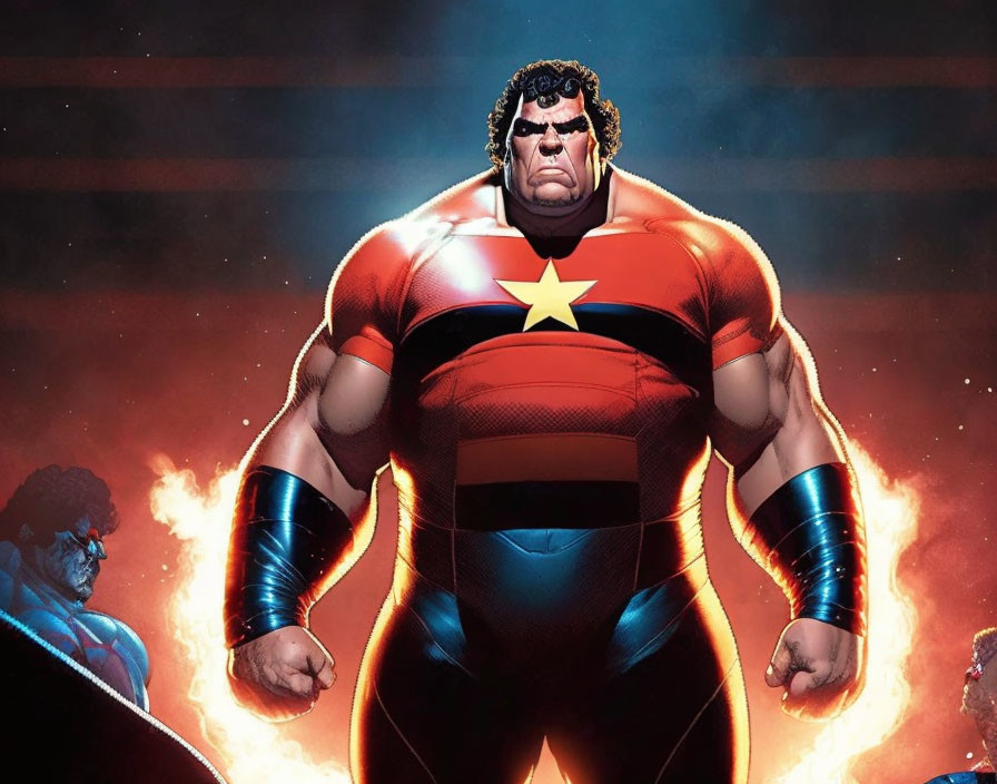 Muscular superhero with star emblem, surrounded by flames and shadowy figure