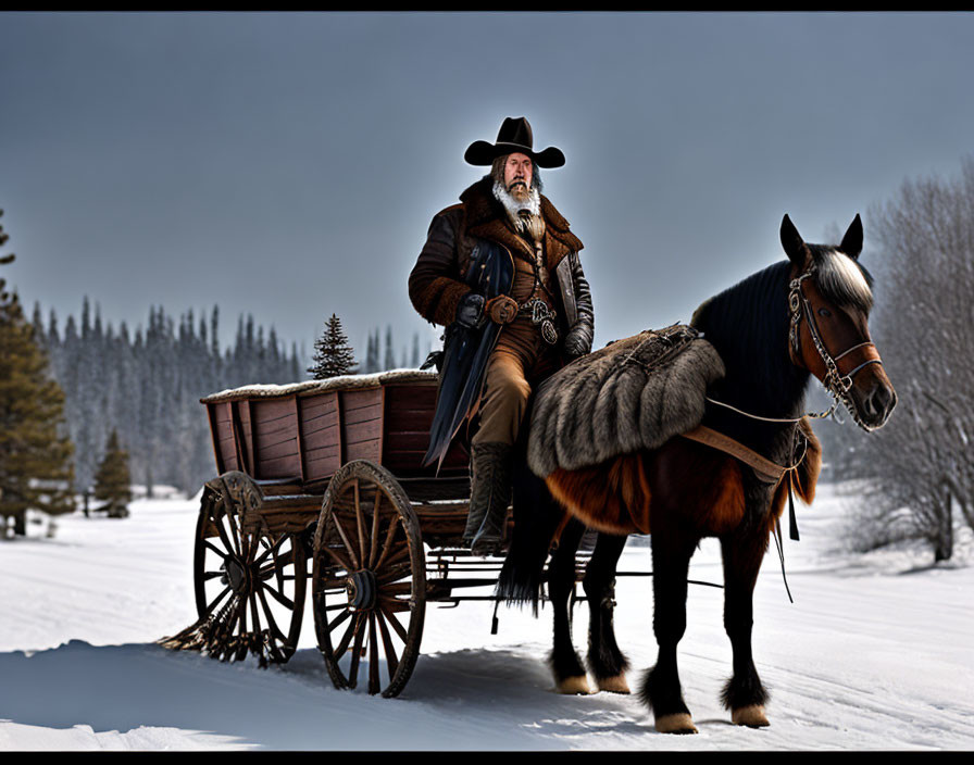 Bearded man in cowboy hat on horse-drawn wagon in snowy landscape