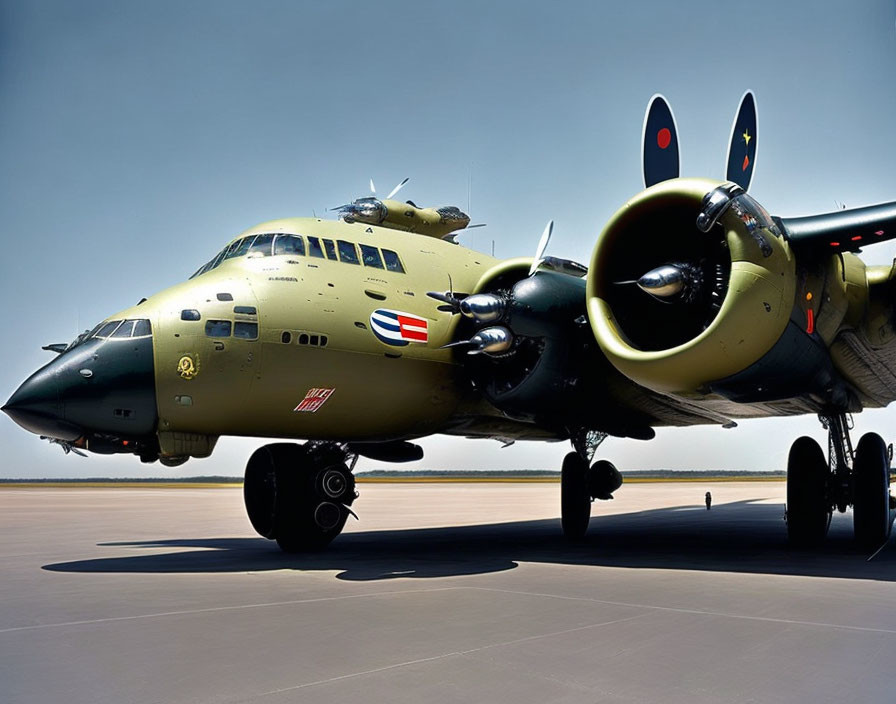 Military Turboprop Aircraft with Camo Livery and Multiple Engines on Tarmac