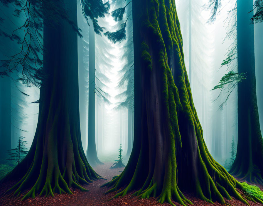 Mystic forest with moss-covered trees in dense blue fog