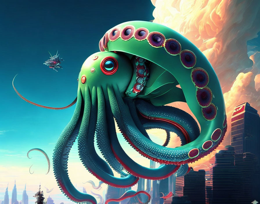 Colorful giant octopus over futuristic city with explosion in the distance