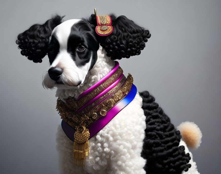 Dog in regal attire with human-like face and luxurious purple robe