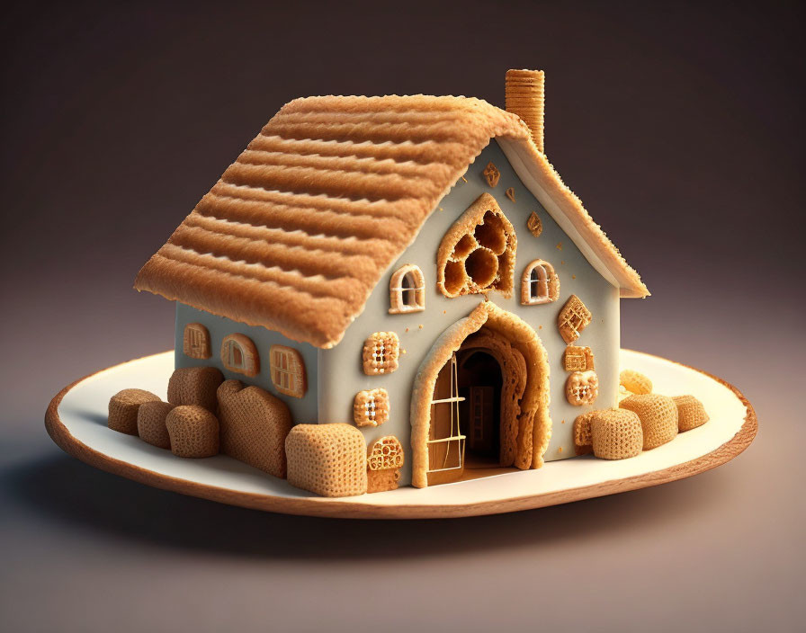 Whimsical gingerbread house with thatched roof and candy details