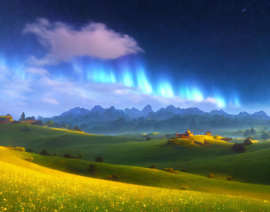 Tranquil Dusk Landscape with Rolling Hills and Aurora Borealis