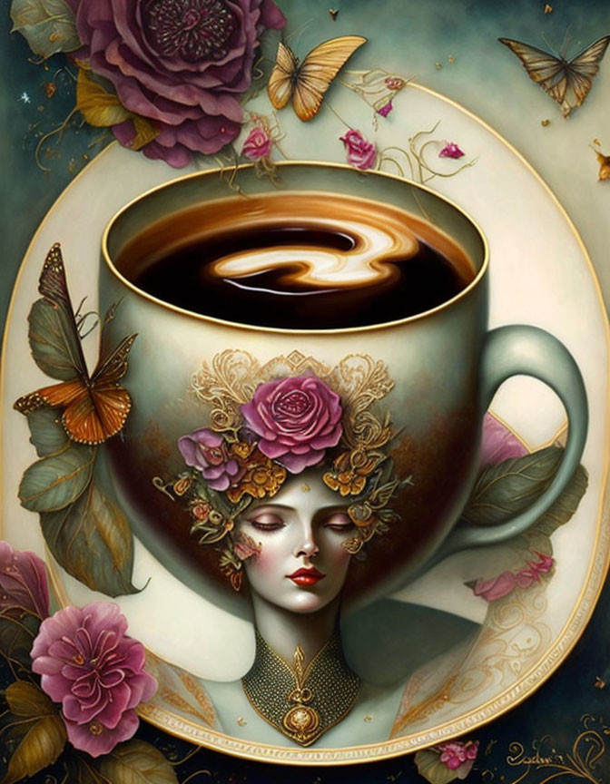 Surreal artwork: Woman's face with flowers, jewelry in coffee cup surrounded by butterflies, roses