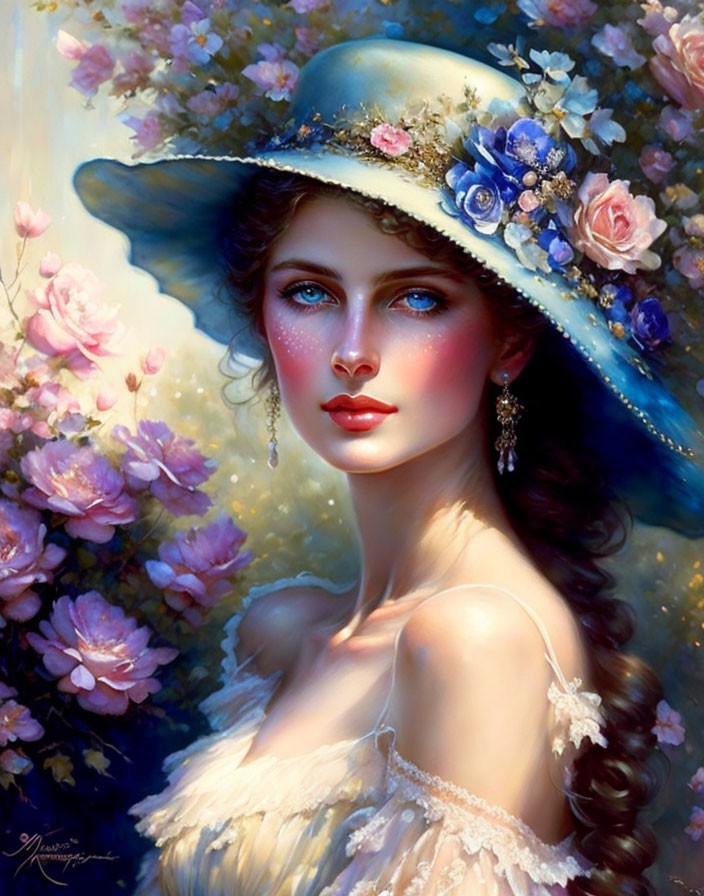 Blue-eyed woman in vintage attire and flowered hat: elegant and romantic style