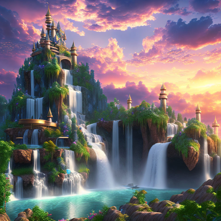 Fantastical castle on cliff with waterfall under purple sunset.