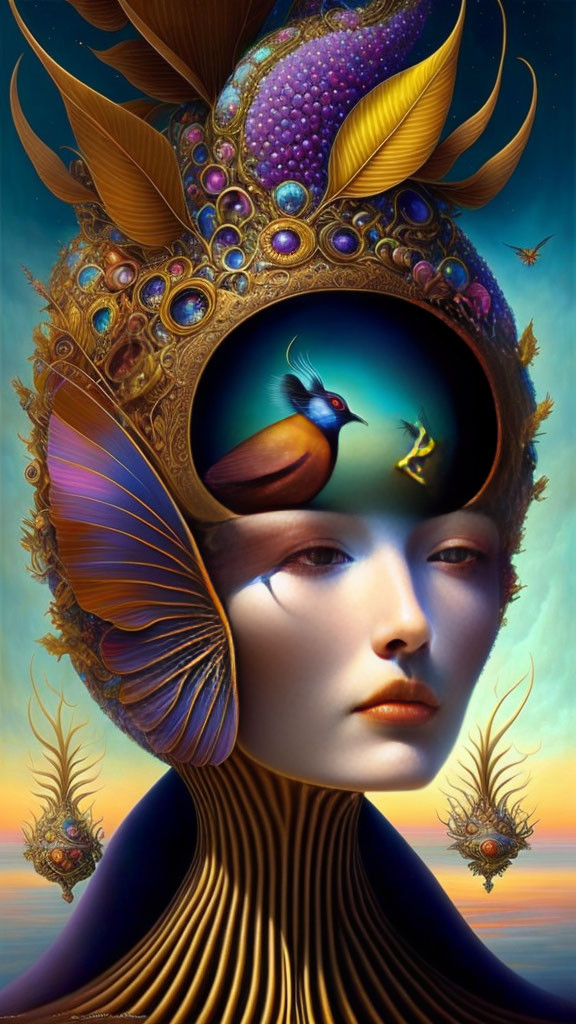 Vibrant surreal artwork: person with elaborate headdress, feathers, gold designs, bird depiction.