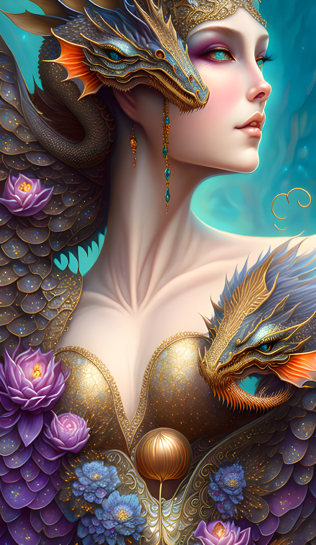 Fantasy-themed image: Person with elaborate makeup, two dragon companions, blue backdrop, purple flowers