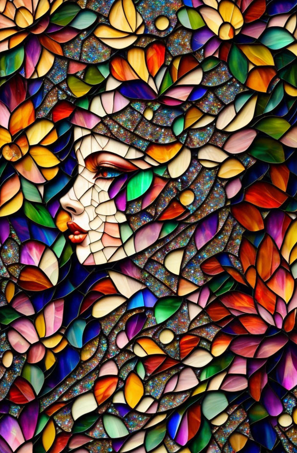 Colorful stained glass artwork of woman's profile with floral patterns