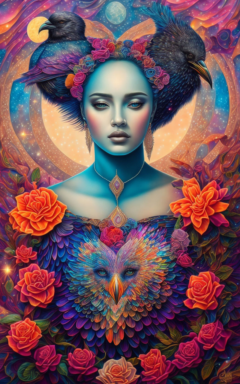 Colorful fantasy portrait of female figure with blue skin and peacock-like garment, surrounded by cosmic and