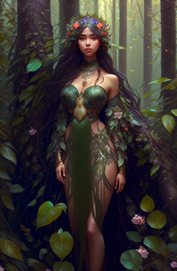 Mystical woman with dark hair and floral crown in lush forest