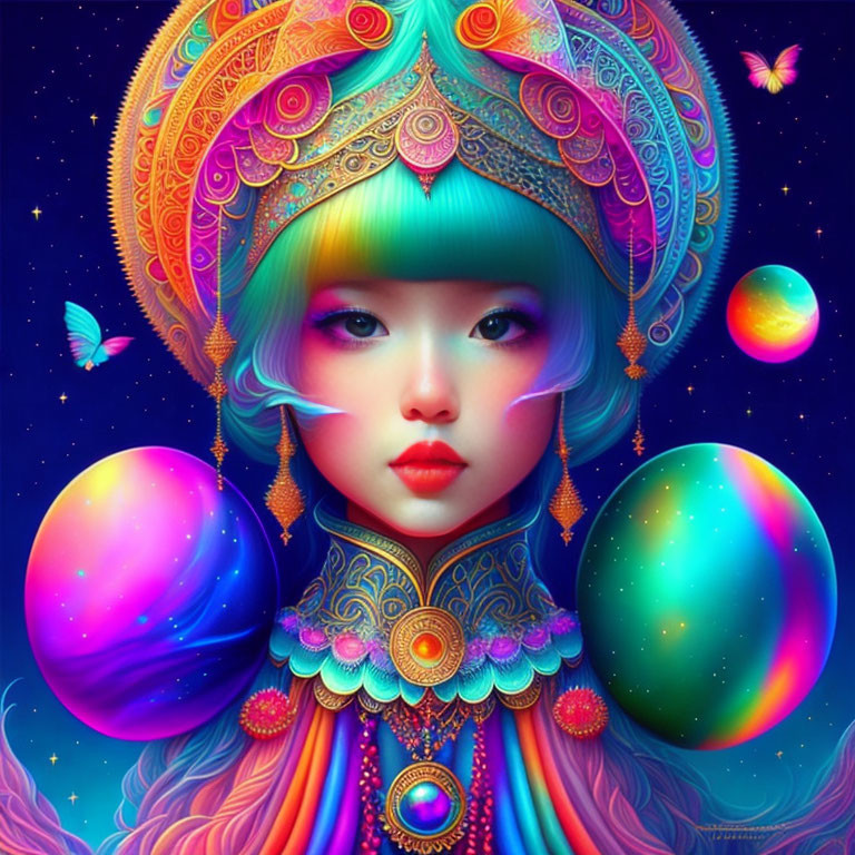 Colorful digital art portrait of a girl with turquoise hair and butterflies on cosmic background