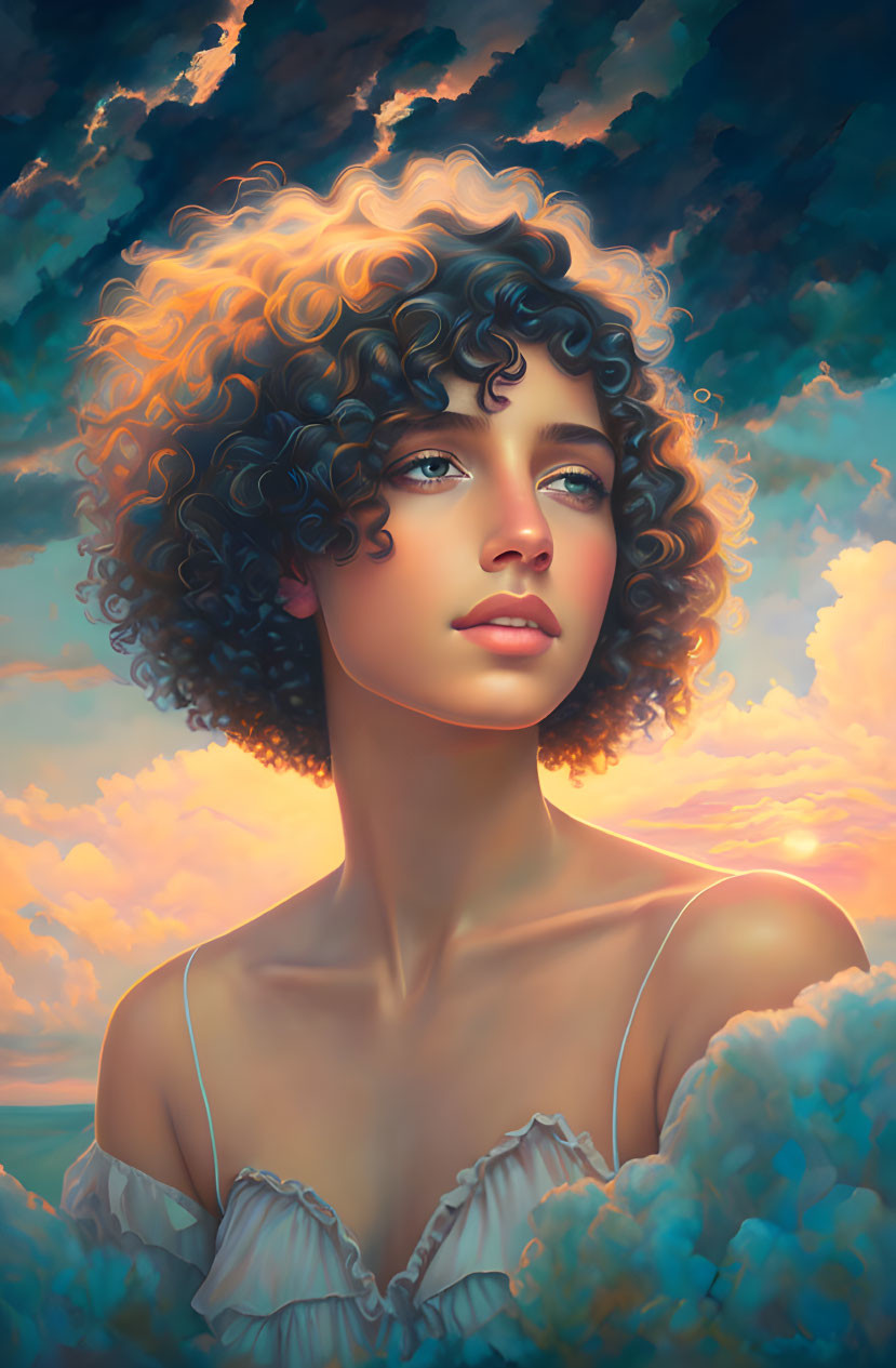 Curly-Haired Woman Portrait with Cloudy Sunset Background