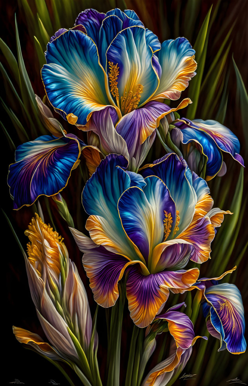 Colorful digital painting featuring blue and gold irises on a dark background