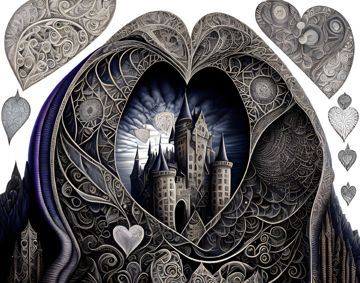 Detailed black and white heart-shaped castle illustration with paisley and floral motifs