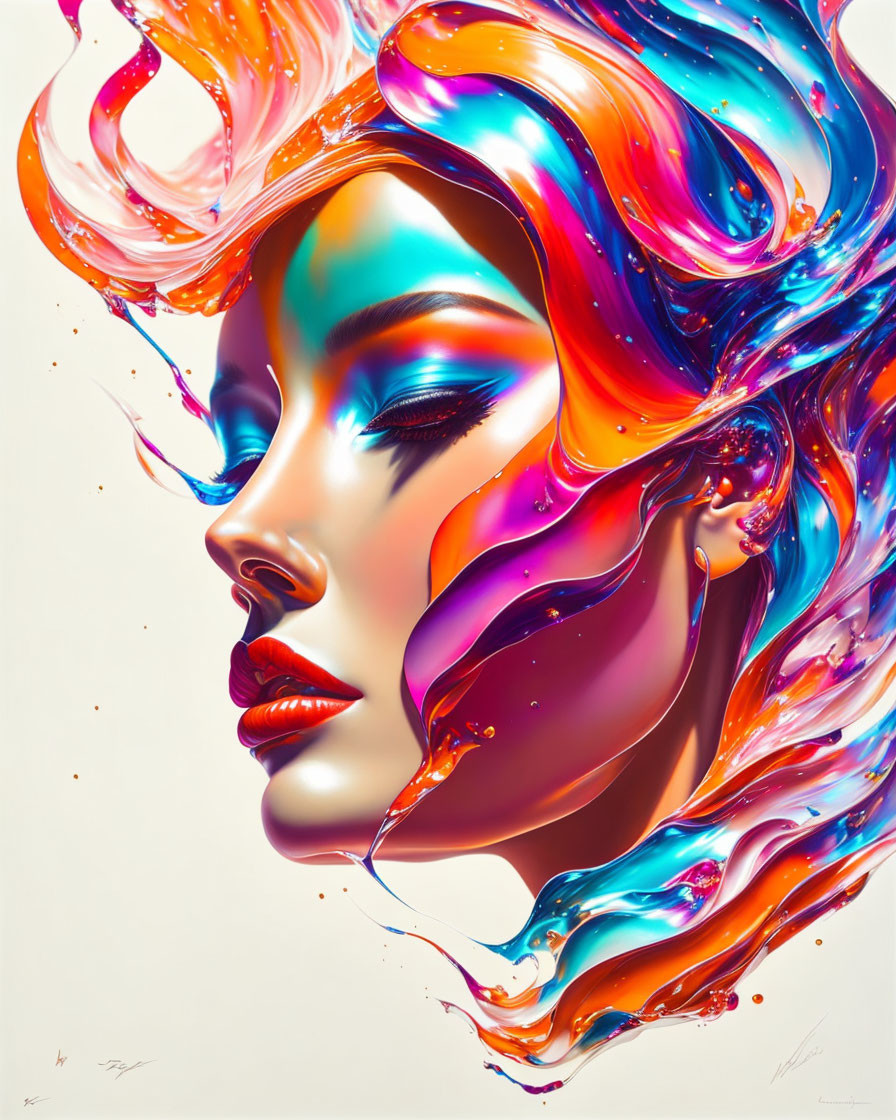 Colorful digital artwork: Woman with liquid-like hair swirls.