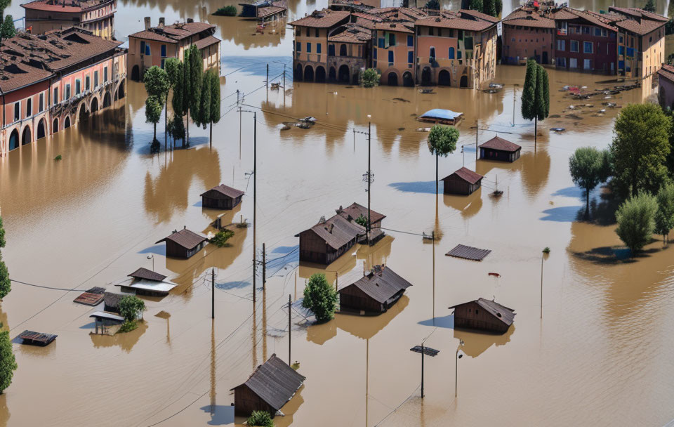 Flooded Town: Submerged Houses, Streets, and Vehicles