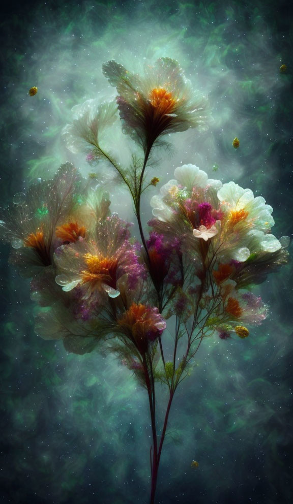 Ethereal digital artwork of aquatic flora against cosmic background