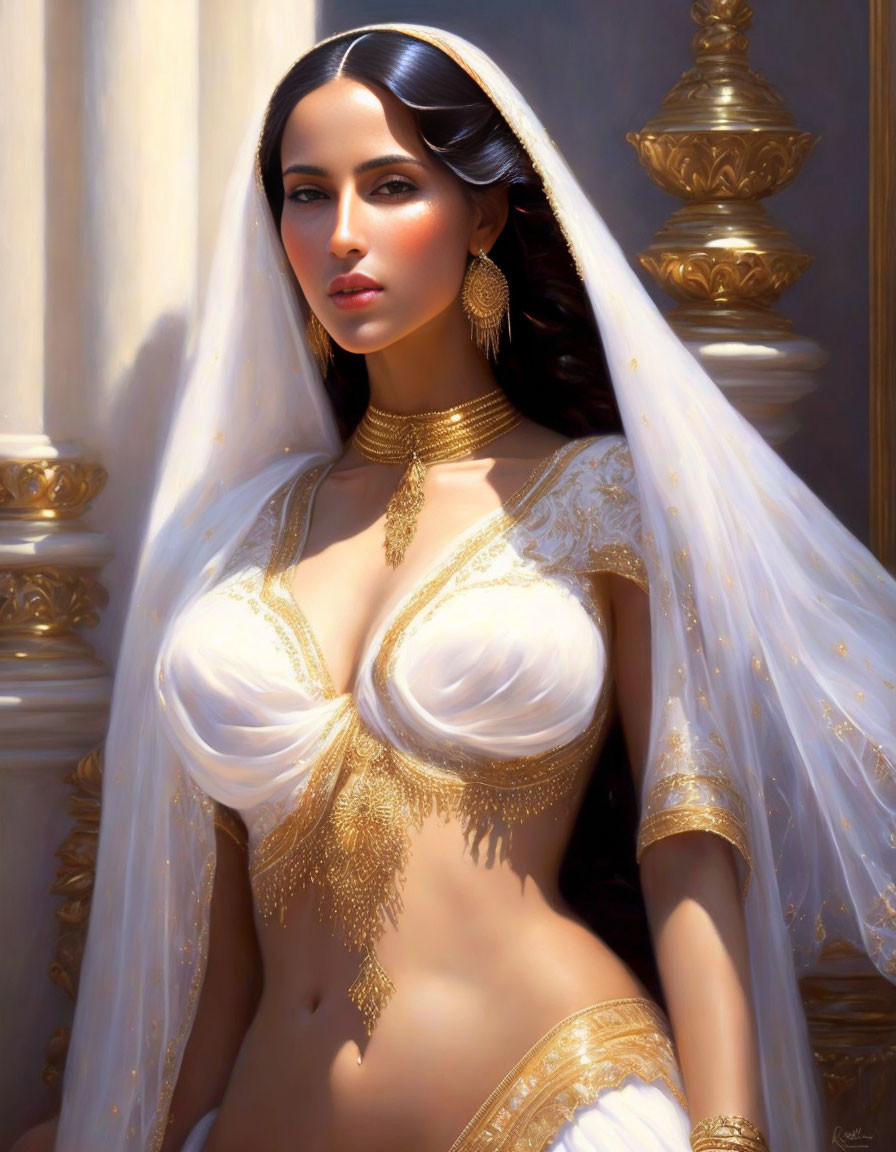 Illustrated woman in traditional attire with gold jewelry and veil against golden backdrop