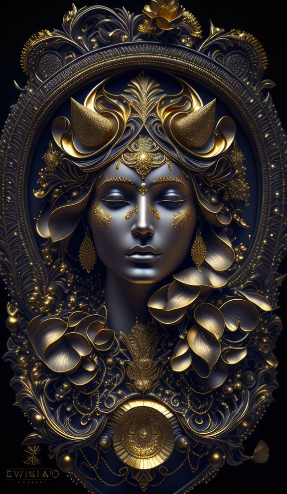 Intricate digital artwork: Woman's face with golden flourishes in ornate blue and gold frame