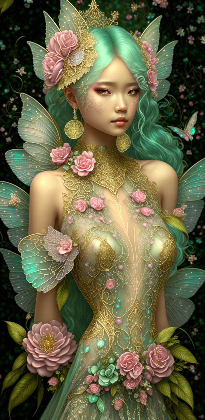 Fantasy character with turquoise hair and delicate wings in floral gown on green backdrop