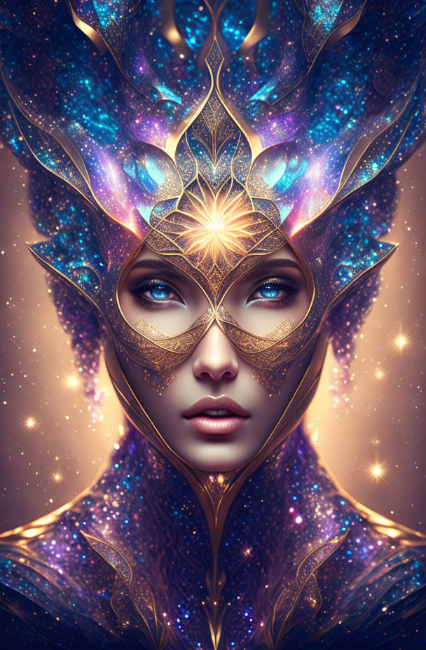 Mystical woman with cosmic headdress and golden mask