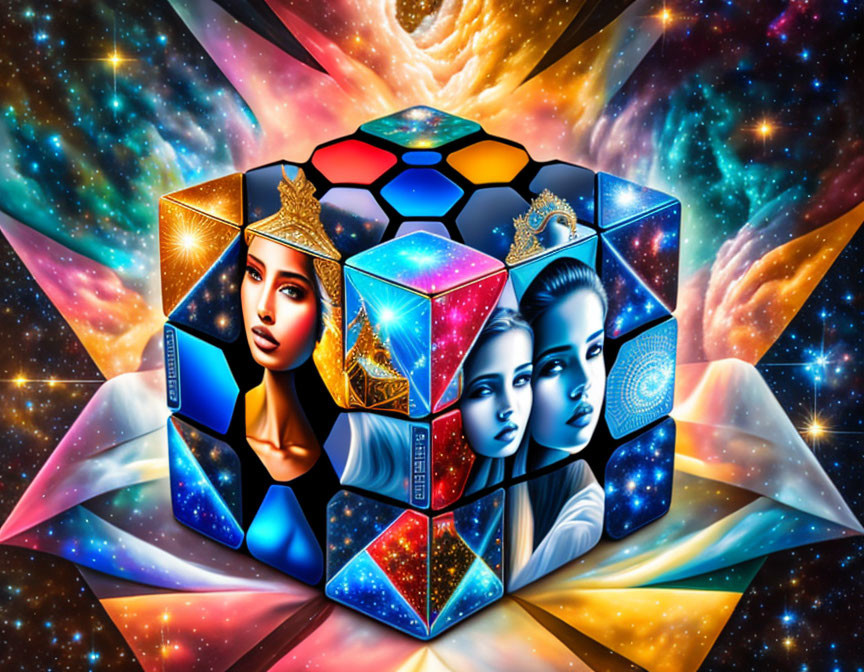 Colorful Rubik's Cube with Women's Faces on Cosmic Background