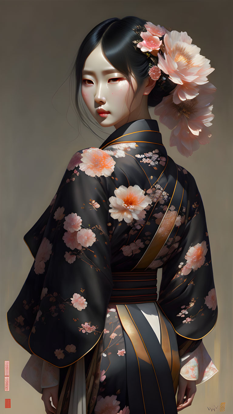 Digital illustration: Woman with pale skin, dark hair, pink flowers, floral kimono, golden ob