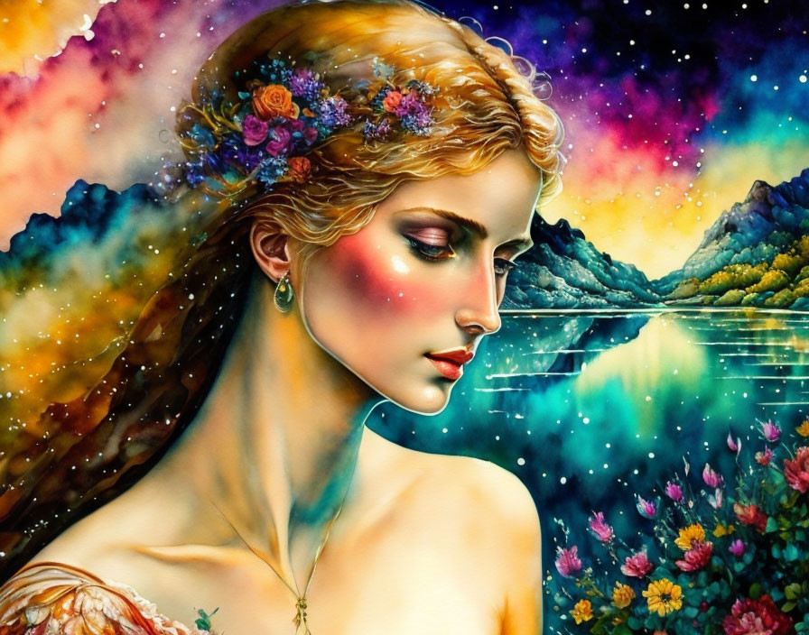 Colorful Woman with Floral Hair in Cosmic Nature Scene