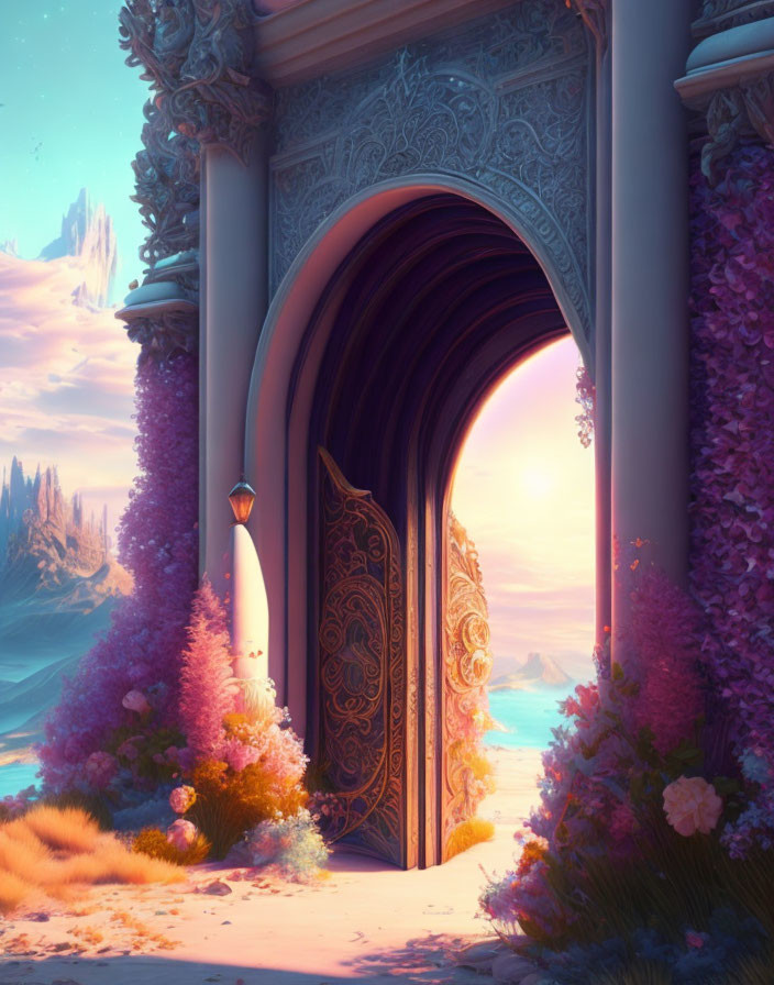 Ornate open door to pink-hued fantasy landscape