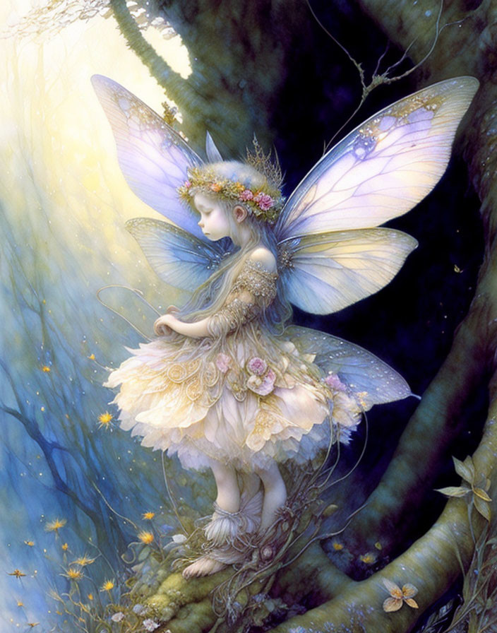 Illustration of fairy with iridescent wings in mystical forest