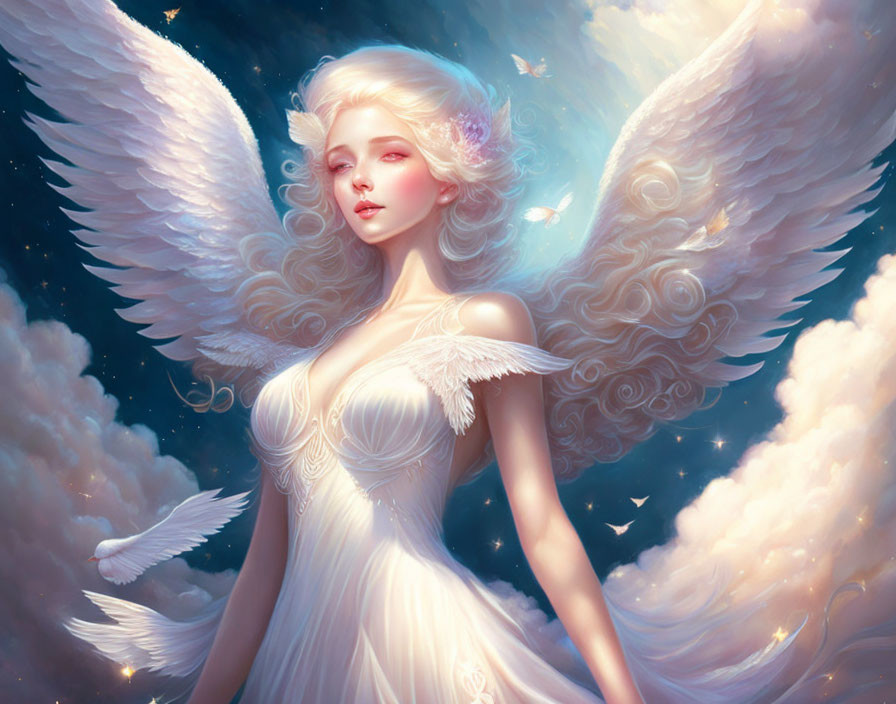 Ethereal angelic figure with large white wings in serene setting