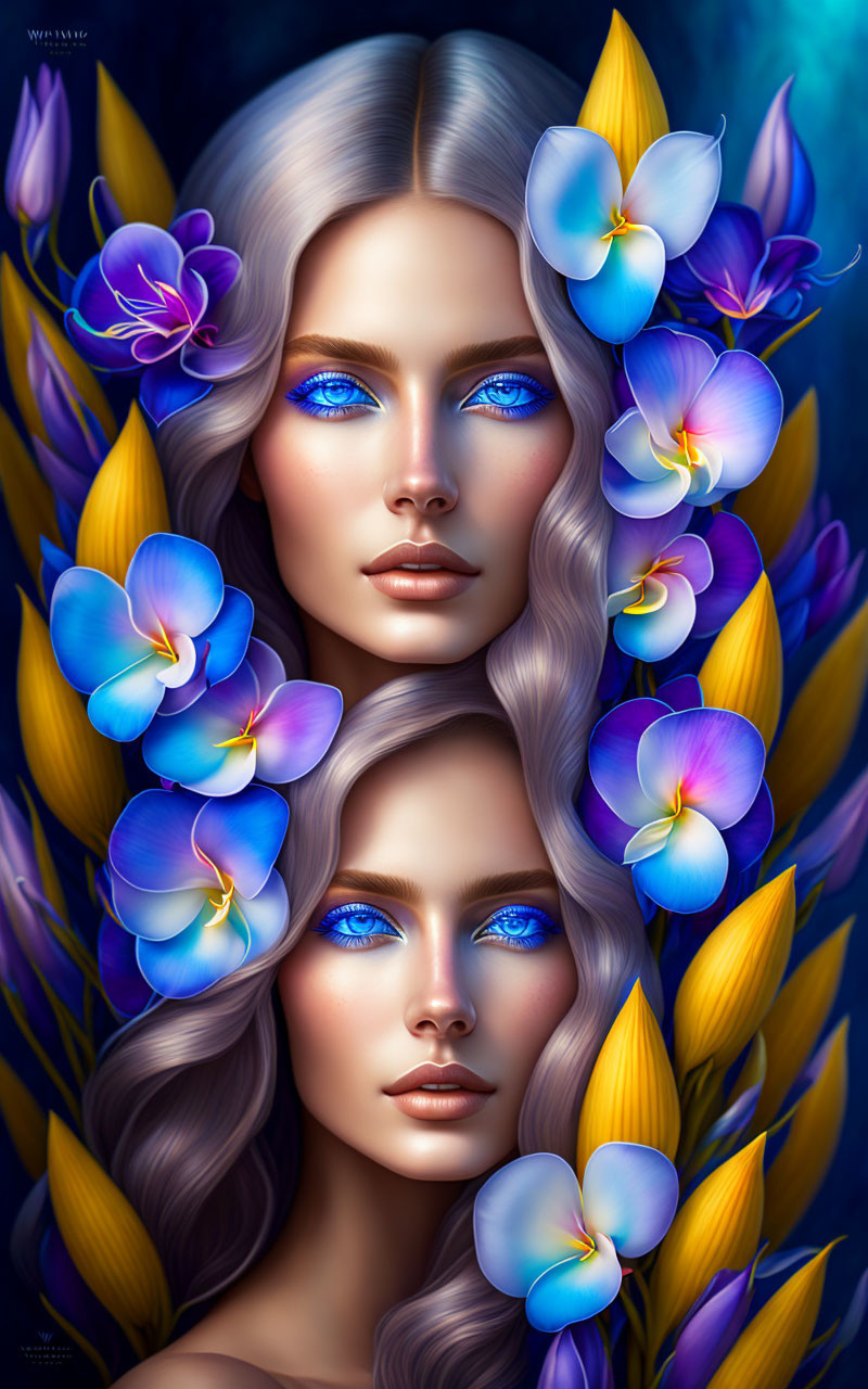 Woman with Silver Hair Surrounded by Blue and Purple Flowers