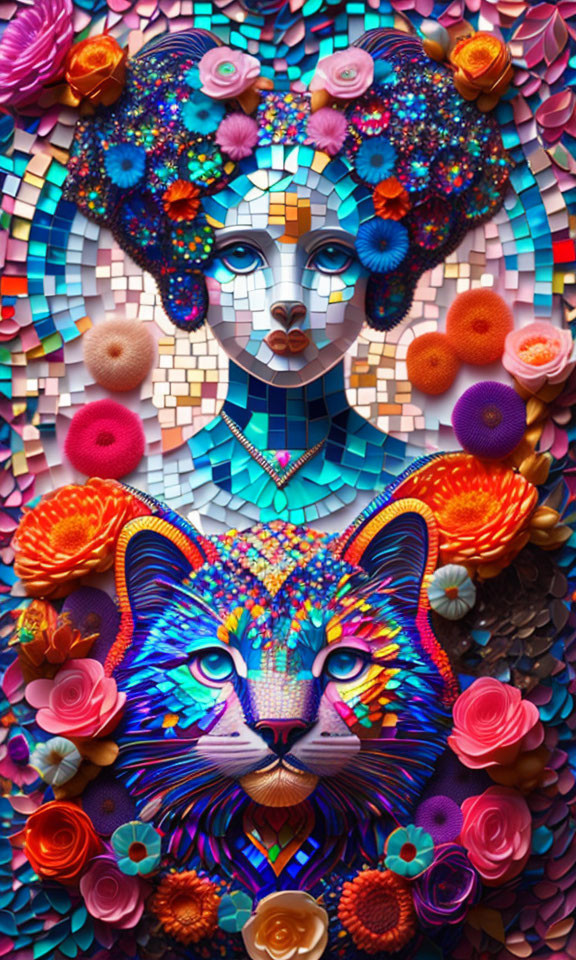 Colorful artwork: Stylized woman's face with floral elements and patterned feline.