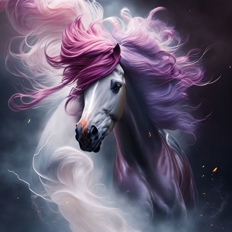 Majestic horse with pink and white mane in mystical setting