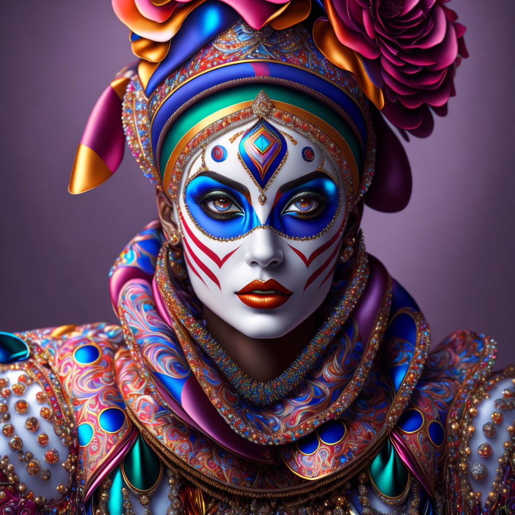 Intricate Face Paint and Ornate Costume with Vivid Colors