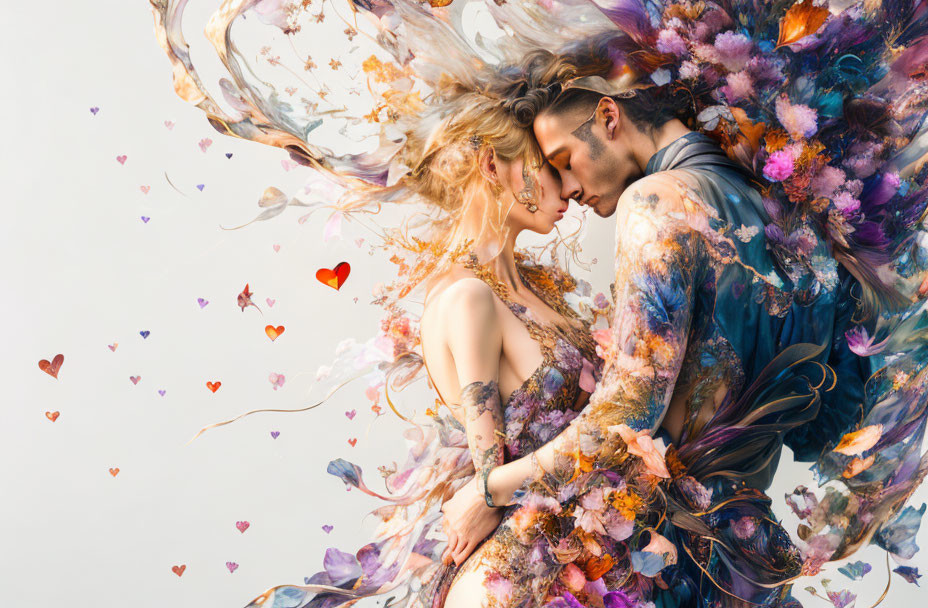 Vibrant floral patterned couple embracing in digital artwork