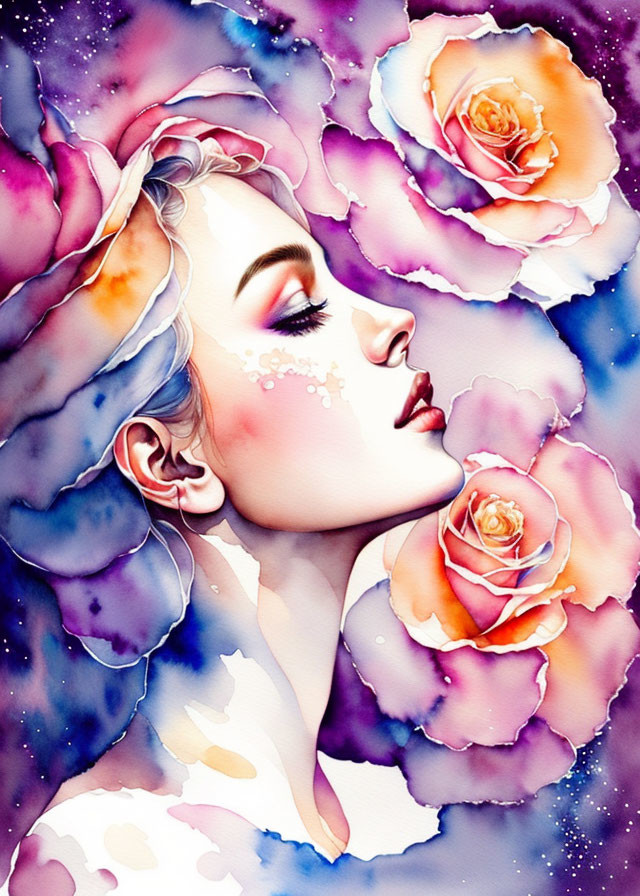 Colorful Watercolor Illustration of Woman with Roses and Abstract Patterns