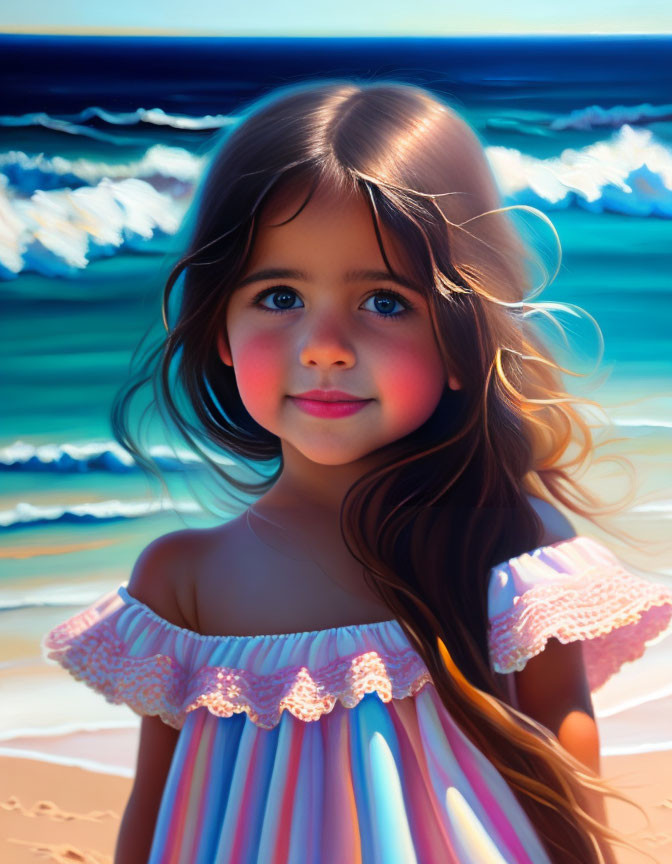 Young girl with long hair and blue eyes on beach in striped off-shoulder dress