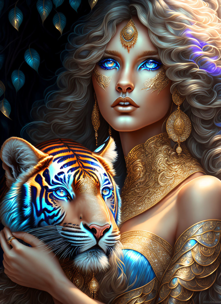 Blue-skinned woman hugging orange and blue tiger on dark background