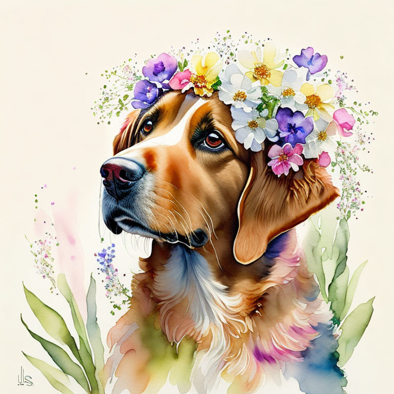 Colorful Beagle Illustration with Flower Crown: Gentle and Serene