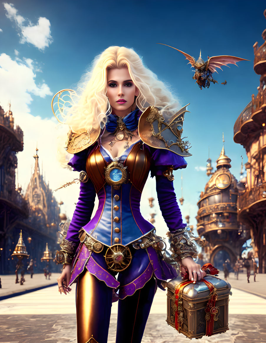 Blond Female Fantasy Character in Purple and Gold Armor in Mystical City