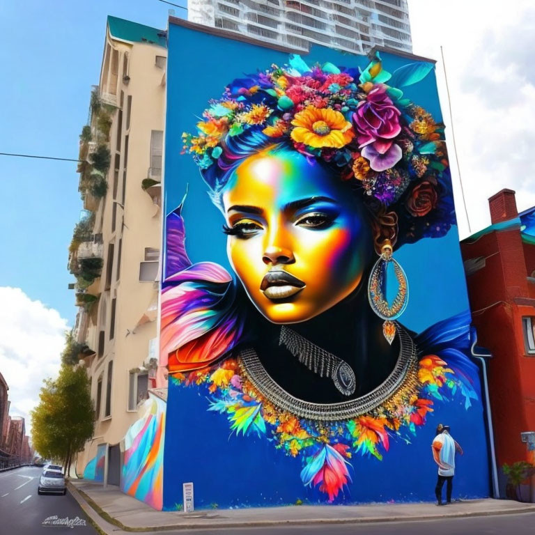 Colorful street mural of woman with floral and butterfly motifs