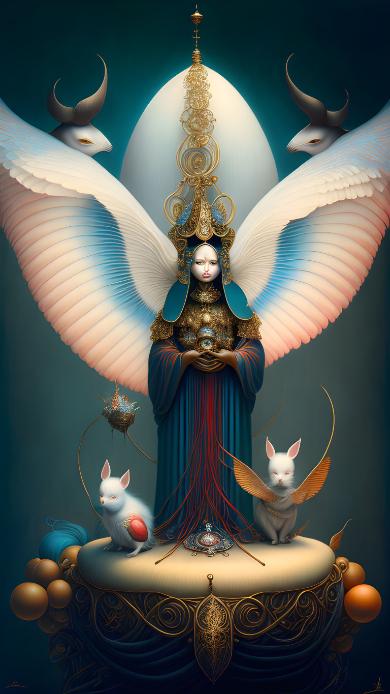 Surreal artwork: Winged figure, oxen, mystical creatures & red orb