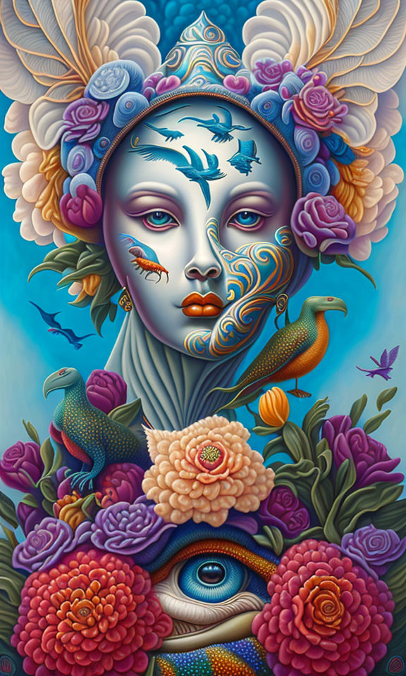 Vibrant female figure with floral headdress, birds, fish, and lush flowers