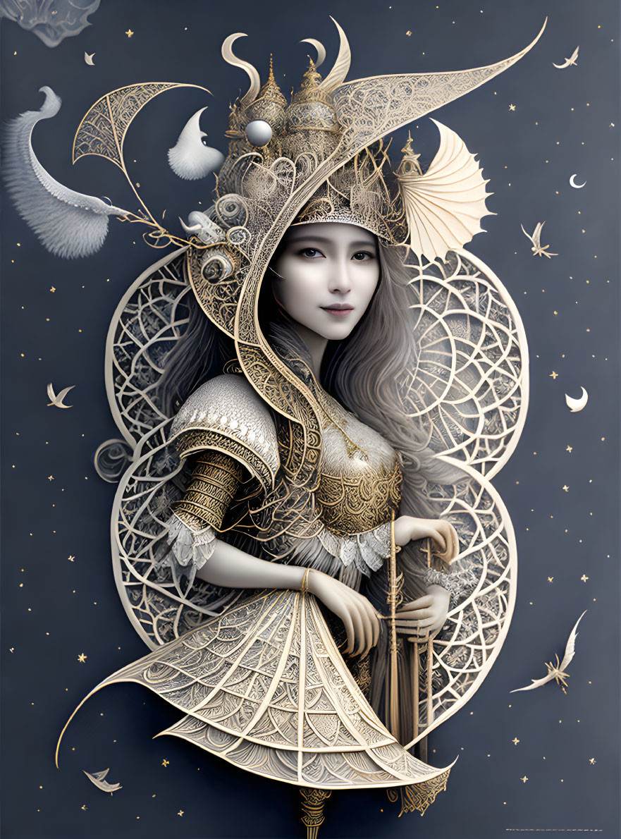 Ethereal woman in gold and white armor with celestial headdress on starry night backdrop.