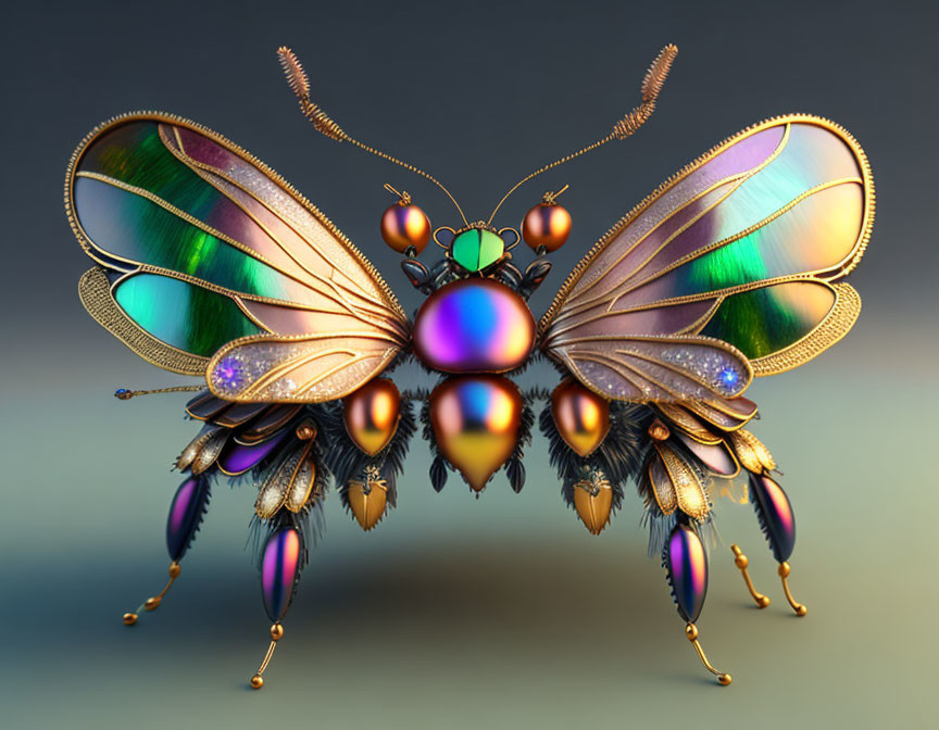 Colorful Mechanical Butterfly with Iridescent Wings and Jeweled Body